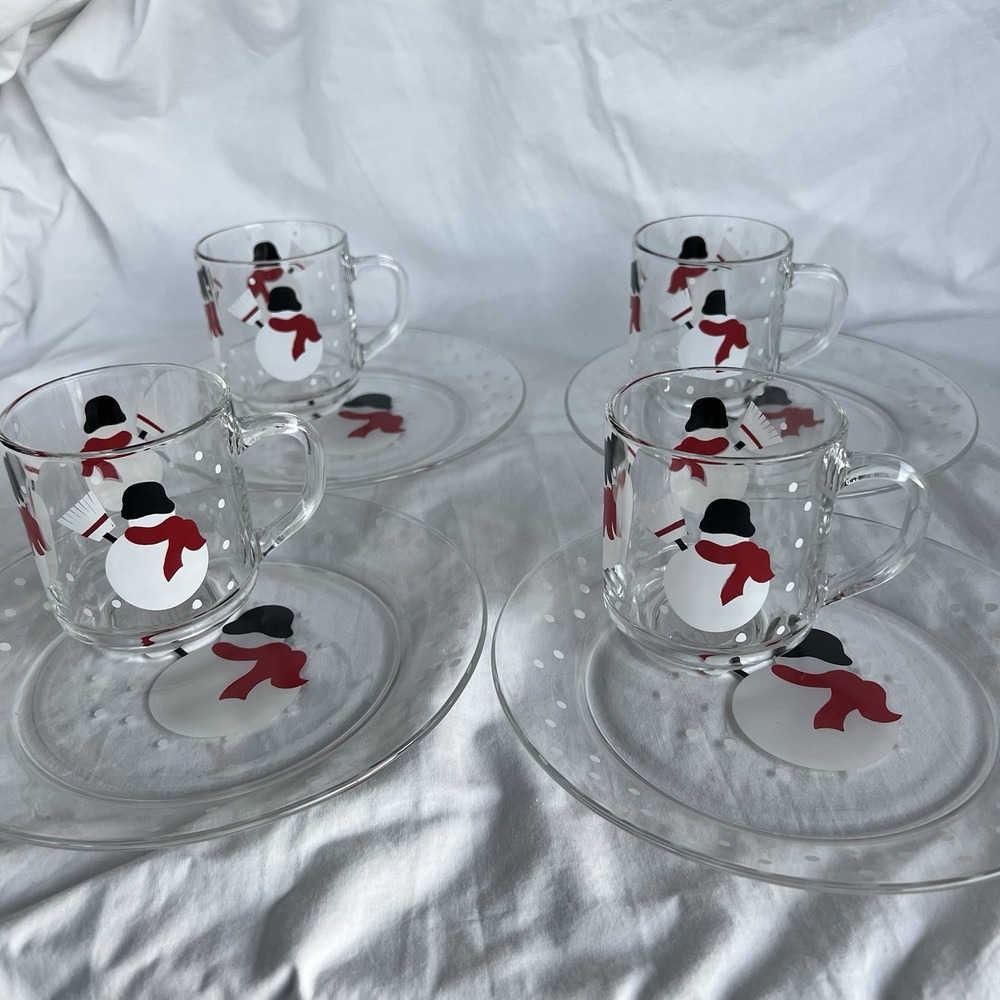 Arcoroc France Glass Snowman Broom Dessert Plates Luminarc Mugs 4 Sets Christmas